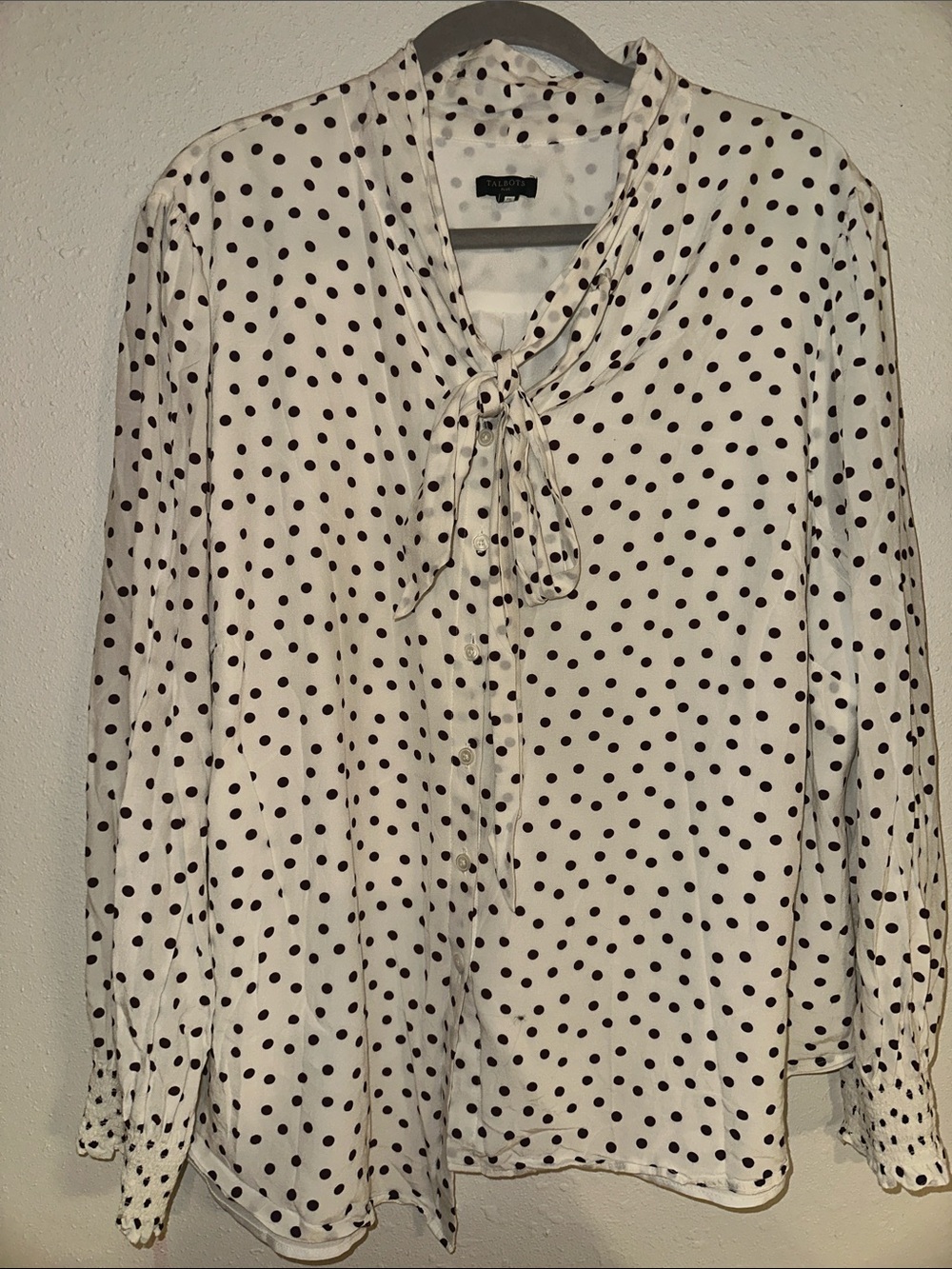 Talbots Cream and Brown Polka Dot Tie-Neck Blouse